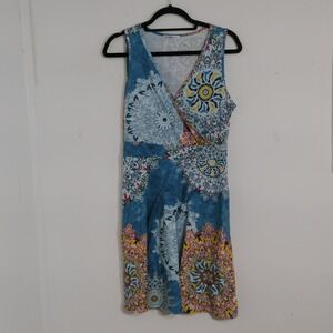 GUBERRY Women Faux Wrap Dress Medium Blue Mandala Boho Aesthetic